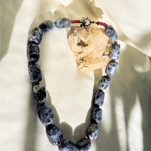 Vintage Grey-Blue Sodalite Bead & Red Bead Toggle Necklace 16”